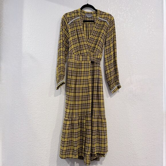 Anthropologie Dalton Wrap Maxi Dress Plaid Mustard Yellow Academia Fall Medium - Picture 2 of 16